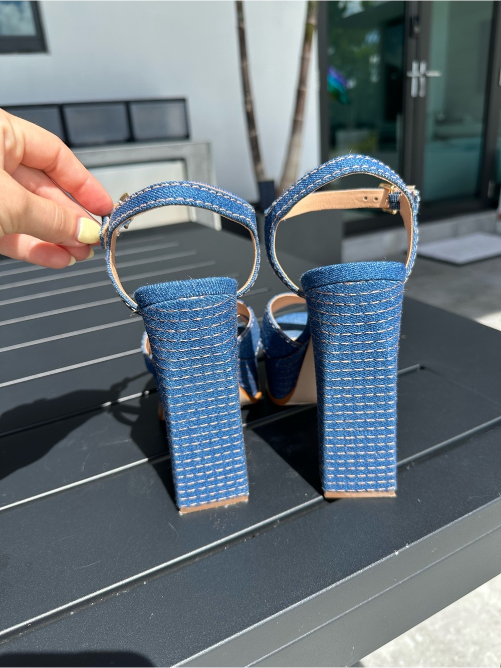 SCHUTZ Blue Denim Platform Sandals with Ankle Buckle - Picture 6 of 7